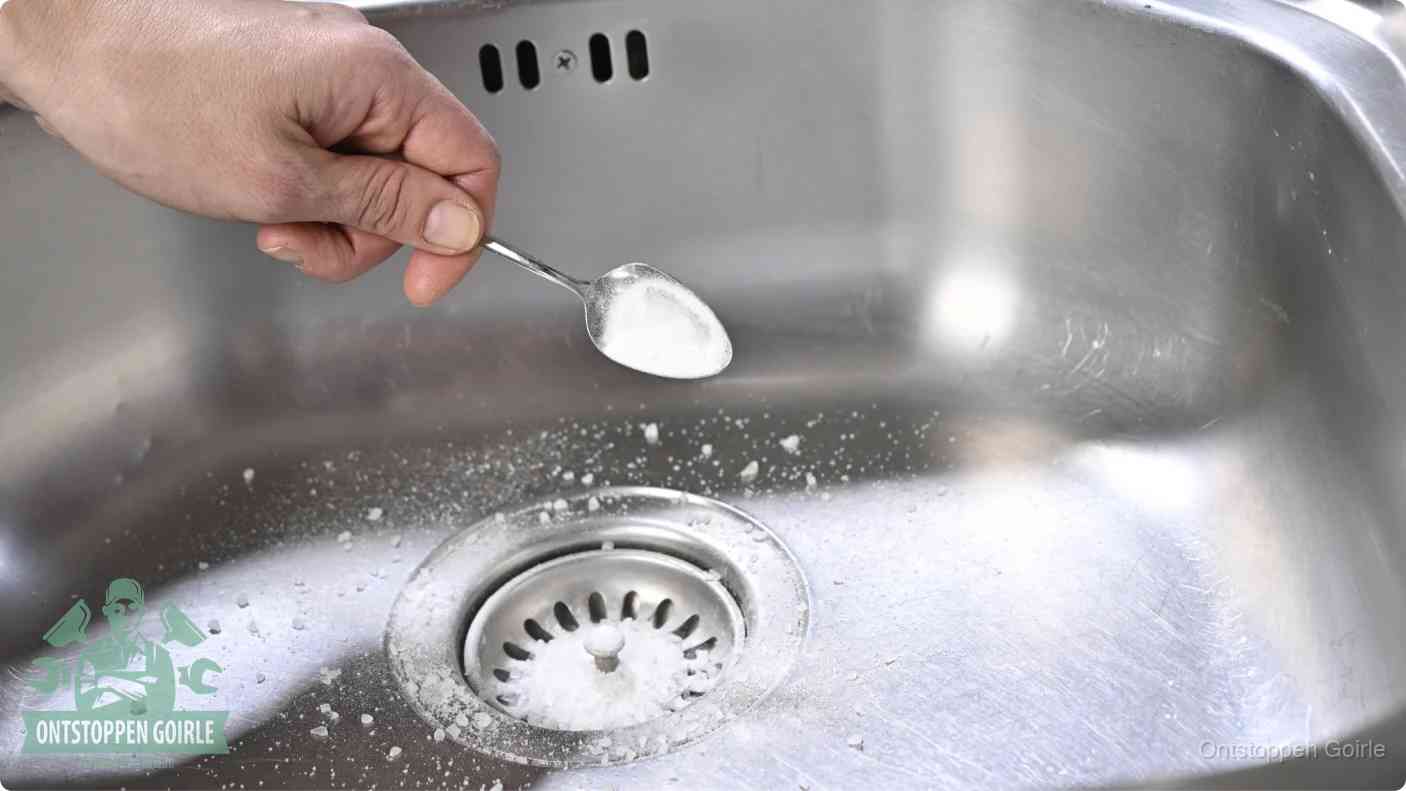 Een hand strooit met een lepel soda in een afvoerputje, de soda en azijn huismiddel-methode om de wc te ontstoppen in Goirle